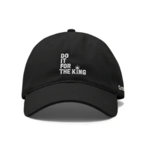 Do It For The King black dad hat with embroidered logo and 1 Corinthians 10:31 detail