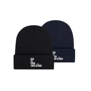 Black and navy knit beanies with white embroidered Do It For The King logo on folded cuffs.