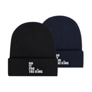 Black and navy knit beanies with white embroidered Do It For The King logo on folded cuffs.