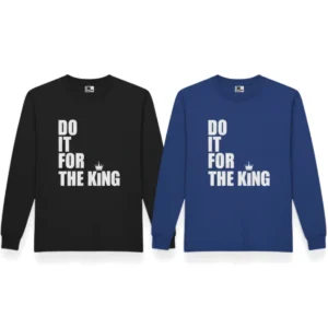 Do It For The King Classic Long Sleeve shirts in black and royal blue with bold white vertical front print.