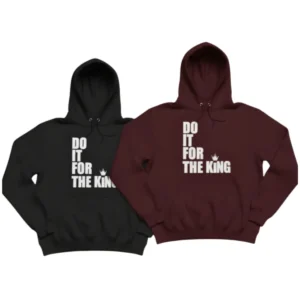 Do It For The King Classic Hoodies in black and maroon with bold white vertical front print and front pouch pocket.