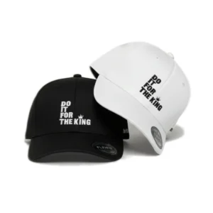 Black and white Do It For The King Classic Fitted Hats with embroidered front logo displayed side by side.