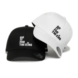 Black and white Do It For The King Classic Fitted Hats with embroidered front logo displayed side by side.